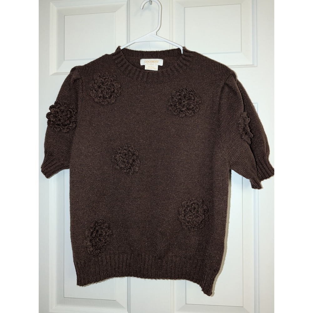 Cocobleu Brown Puff Sleeve Sweater M Crochet Flowers Cottagecore